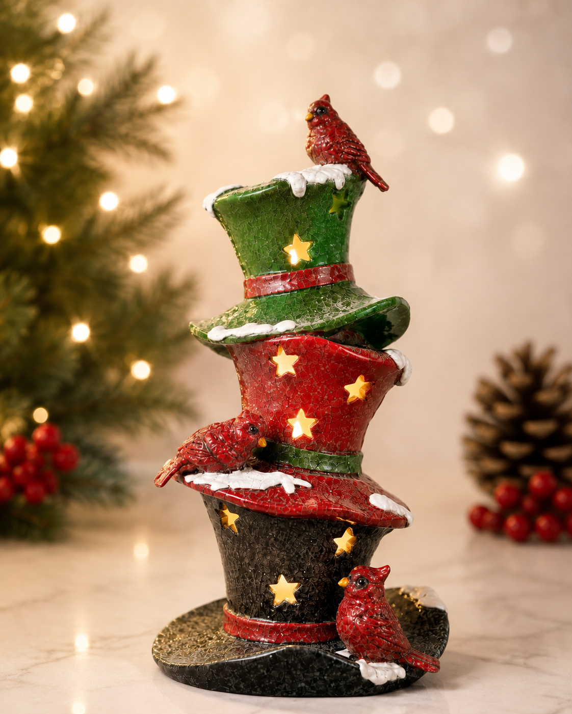 THD561 STACKED CHRISTMAS HAT DECOR WITH CARDINAL BIRDS