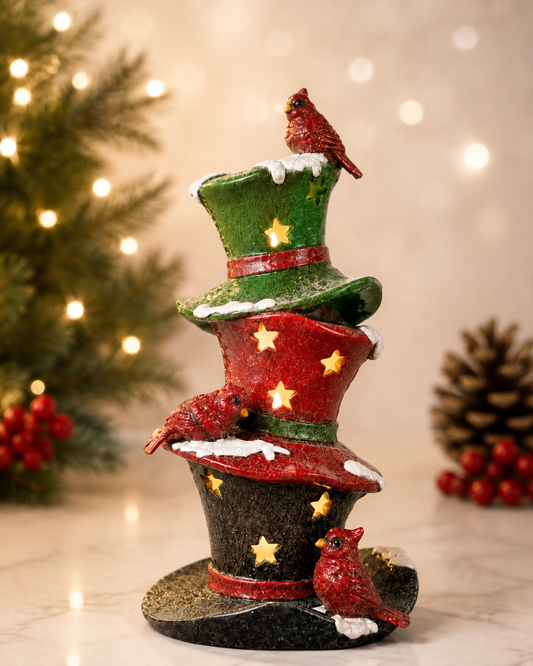 THD561 STACKED CHRISTMAS HAT DECOR WITH CARDINAL BIRDS