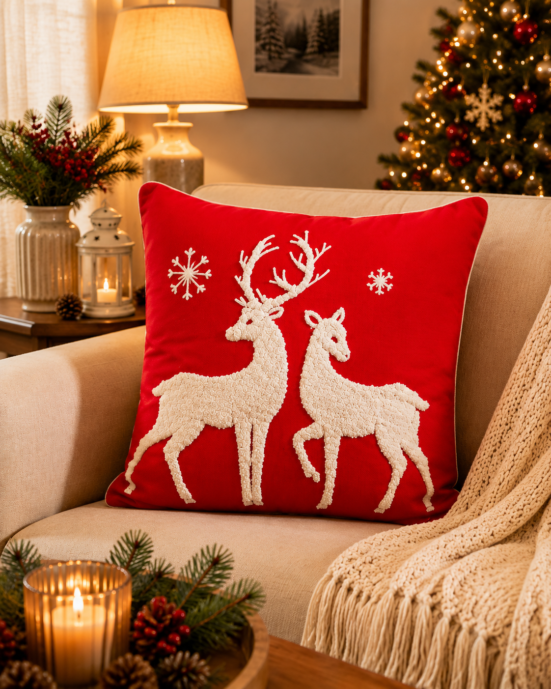 Red Reindeer Embroidered Christmas Cushion Cover