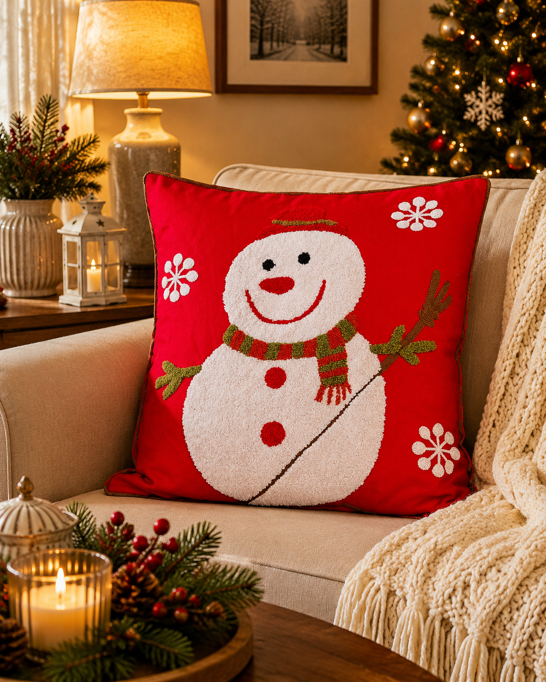Red Snowman Christmas Embroidered Cushion Cover