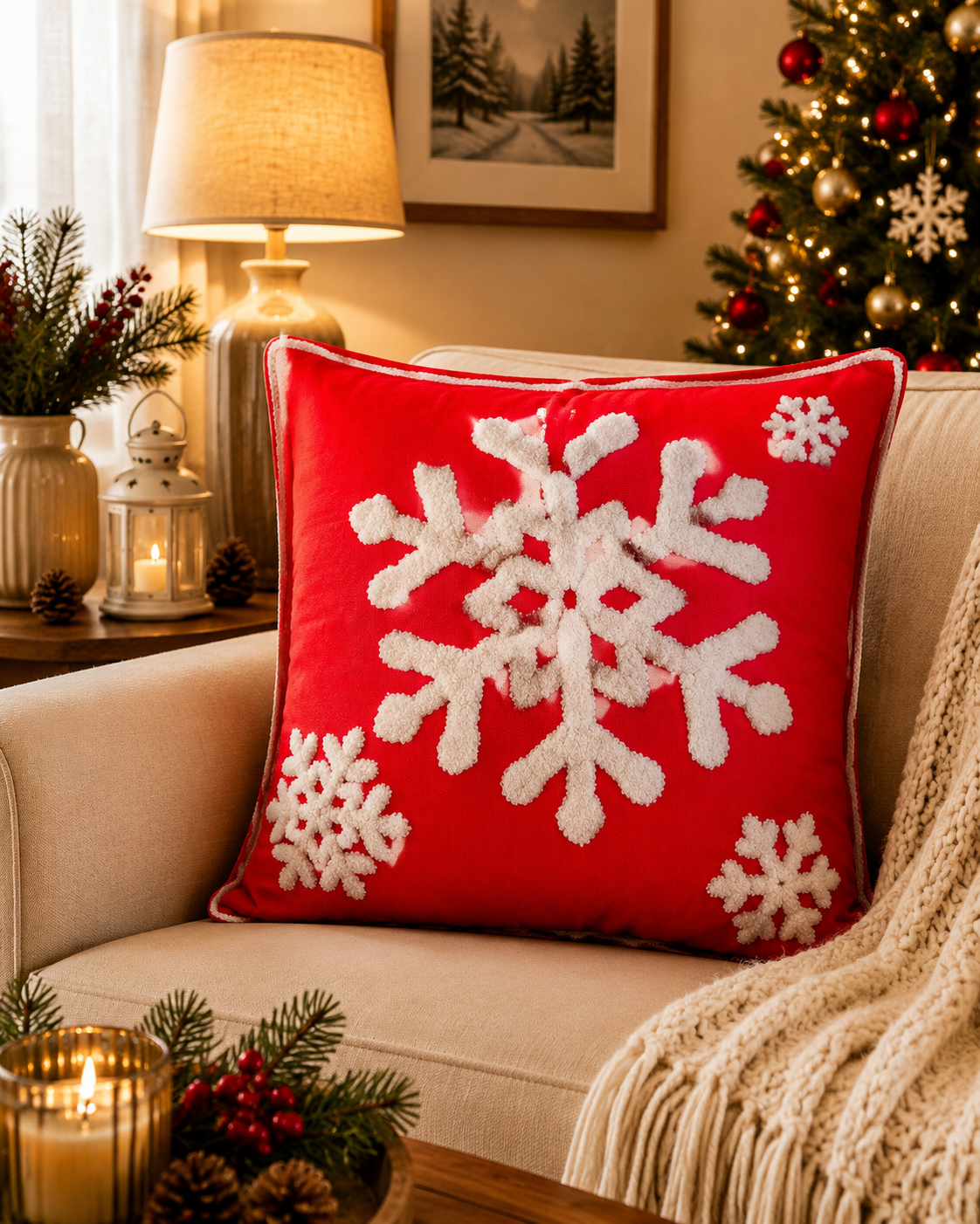 Red Snowflake Christmas Cushion Cover with White Embroidery