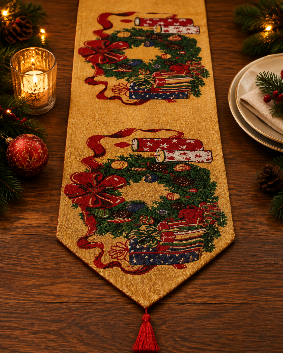 Christmas Santa & Gift Table Runner with Tassels