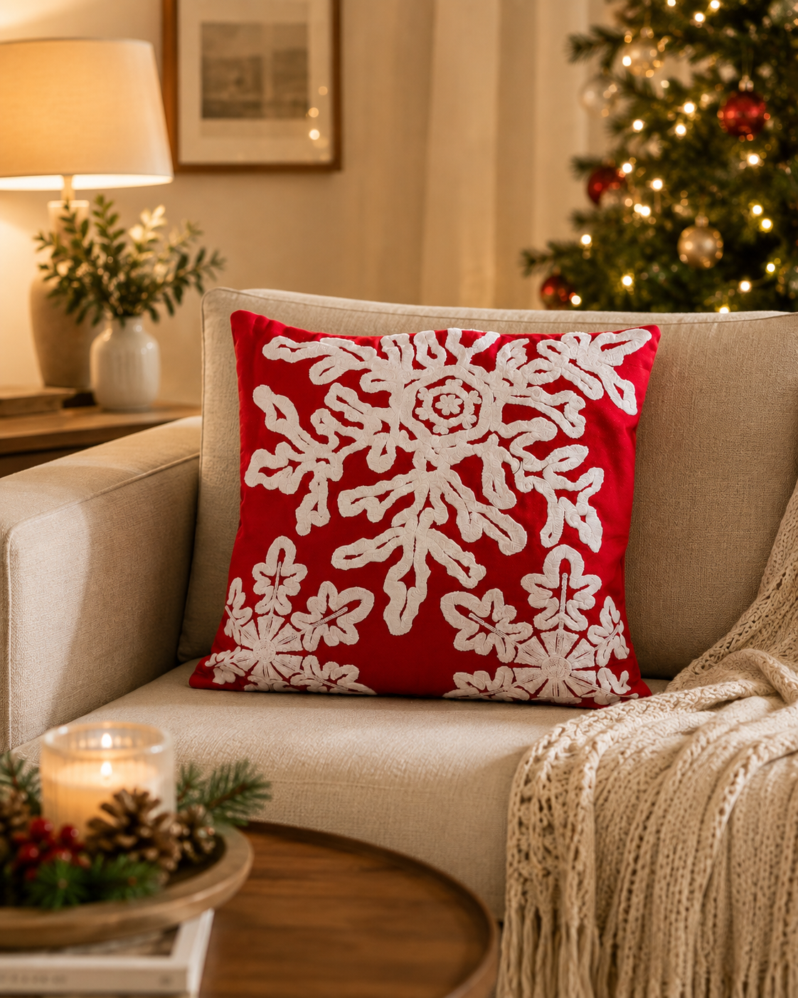 Red Snowflake Embroidered Christmas Cushion Cover