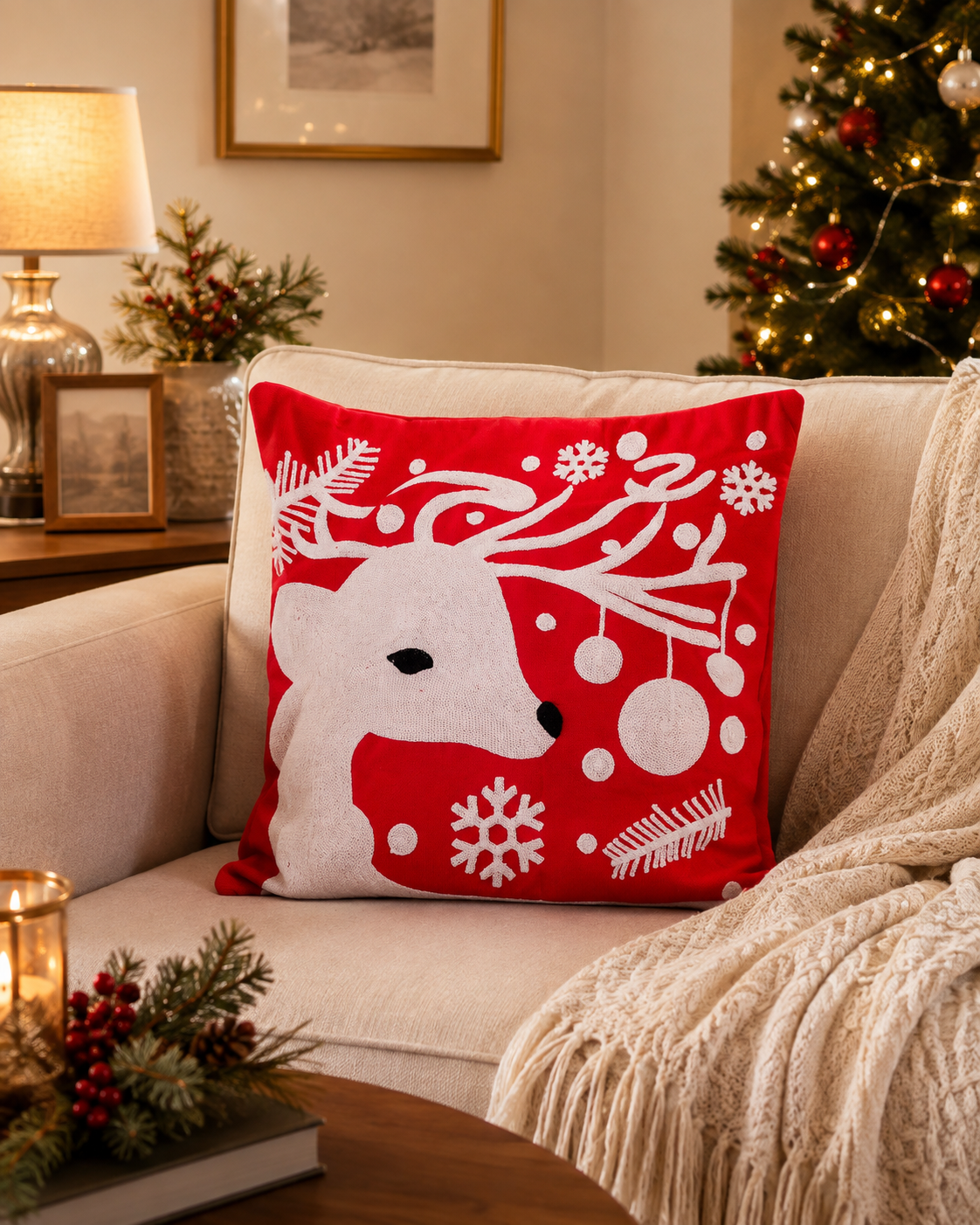 Red Christmas Reindeer Cushion Cover with White Embroidery