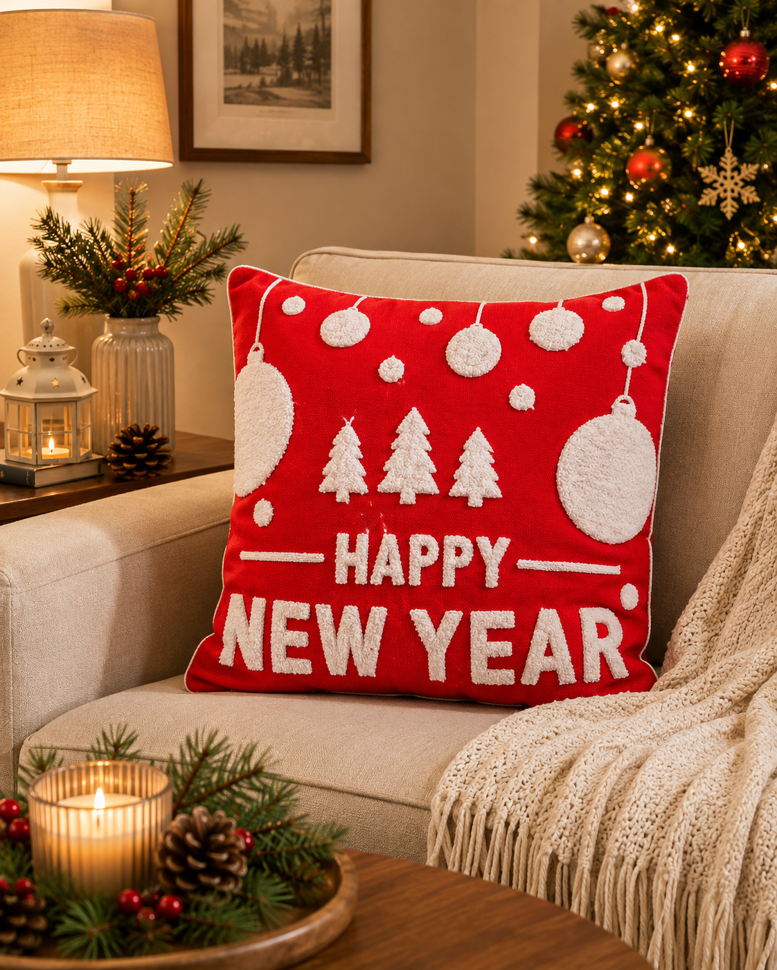 Happy New Year Embroidered Christmas Cushion Cover