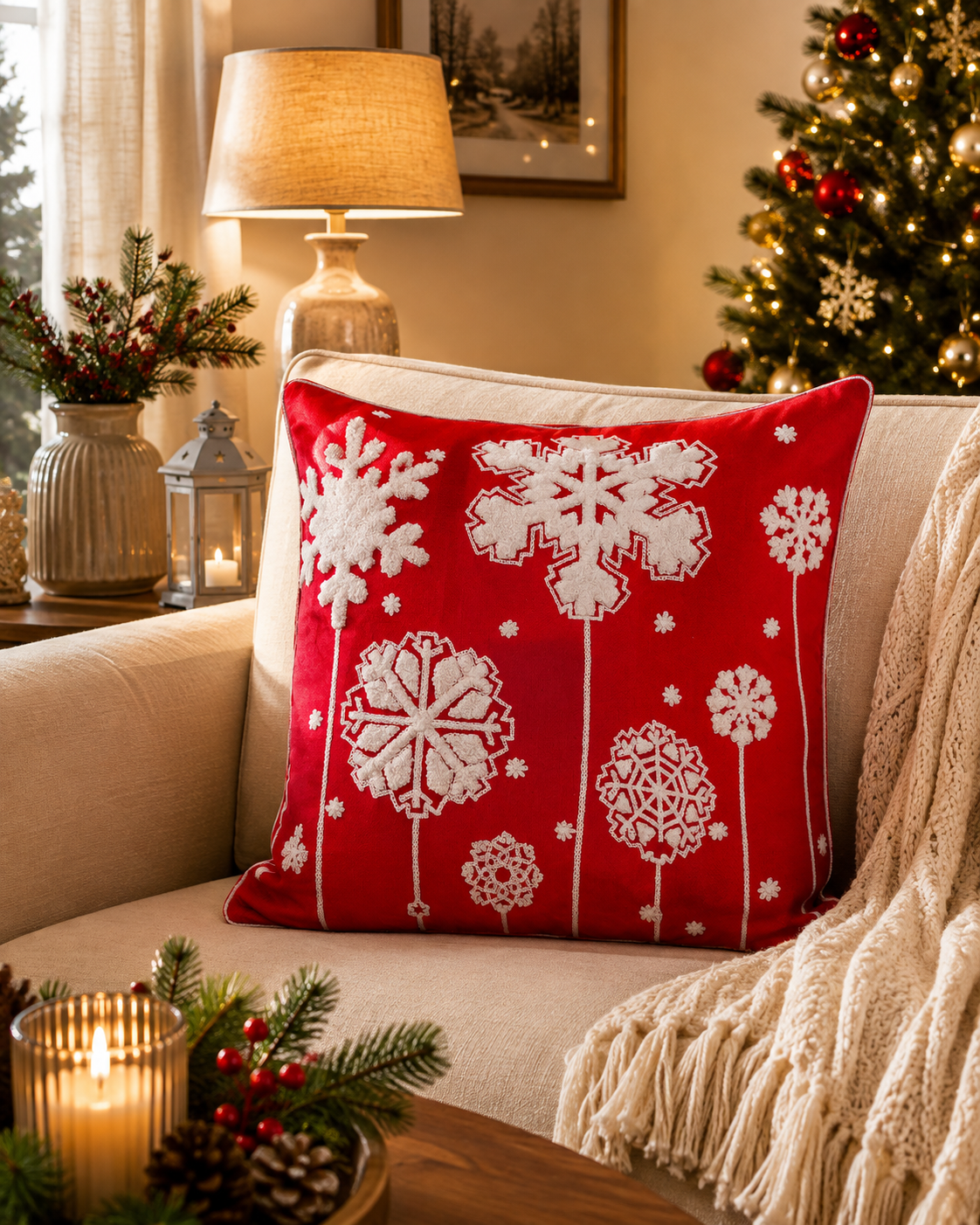Red Christmas Snowflake Cushion Cover with White Embroidery |