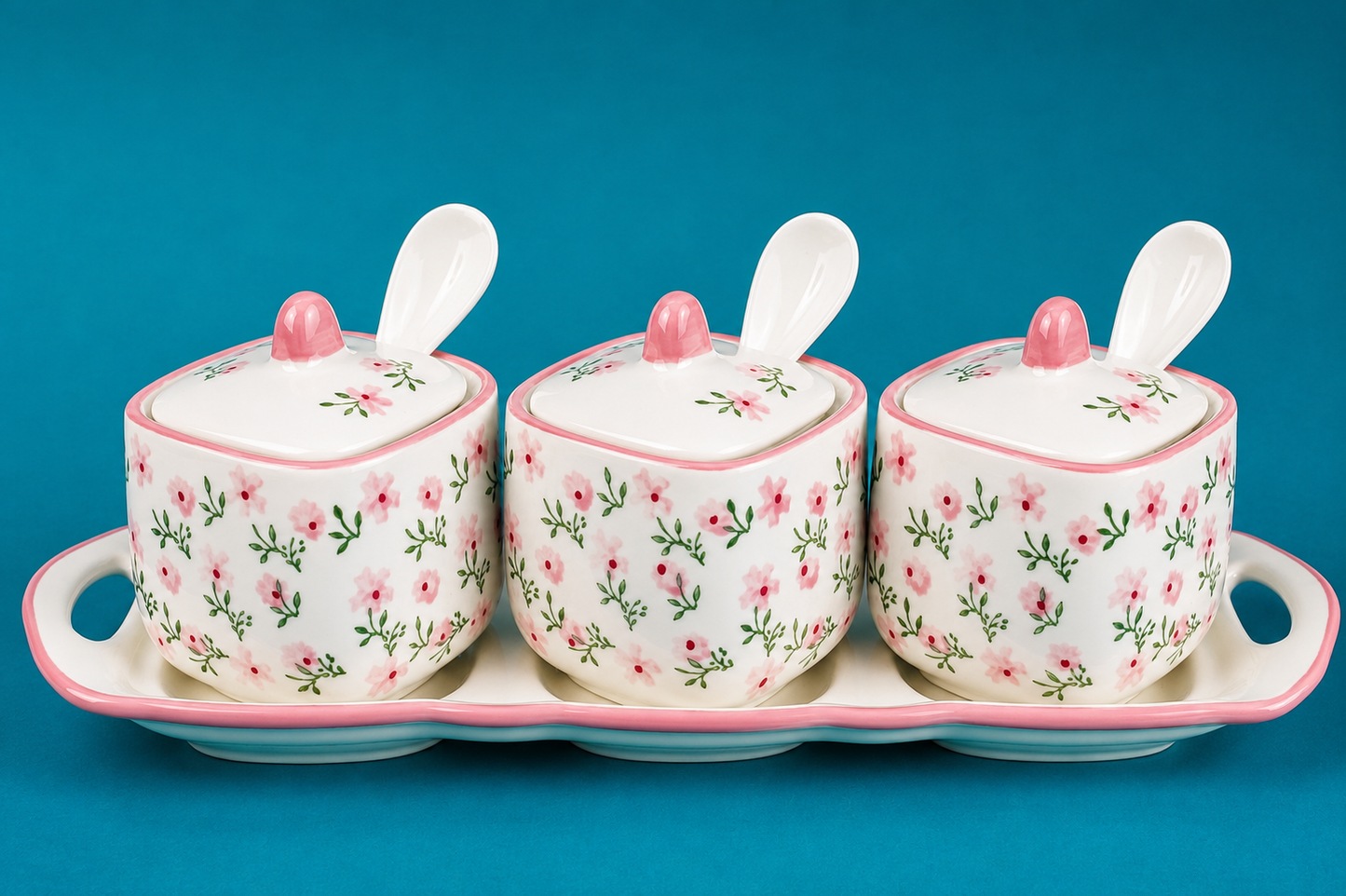 DD-141 Ceramic Condiment Jar Set with Tray & Spoons