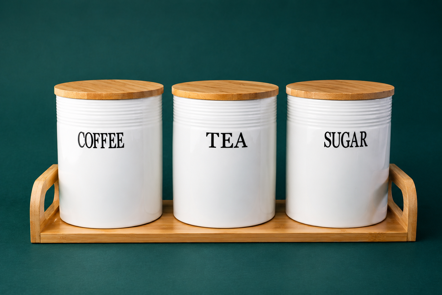 DD-143 Ceramic Tea Coffee Sugar Canister Set with Wooden Tray