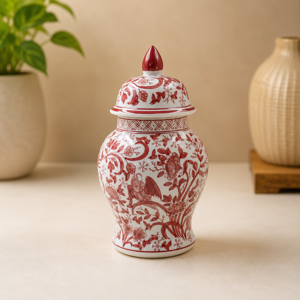 THD070 Red Floral Ceramic Ginger Jar with Lid