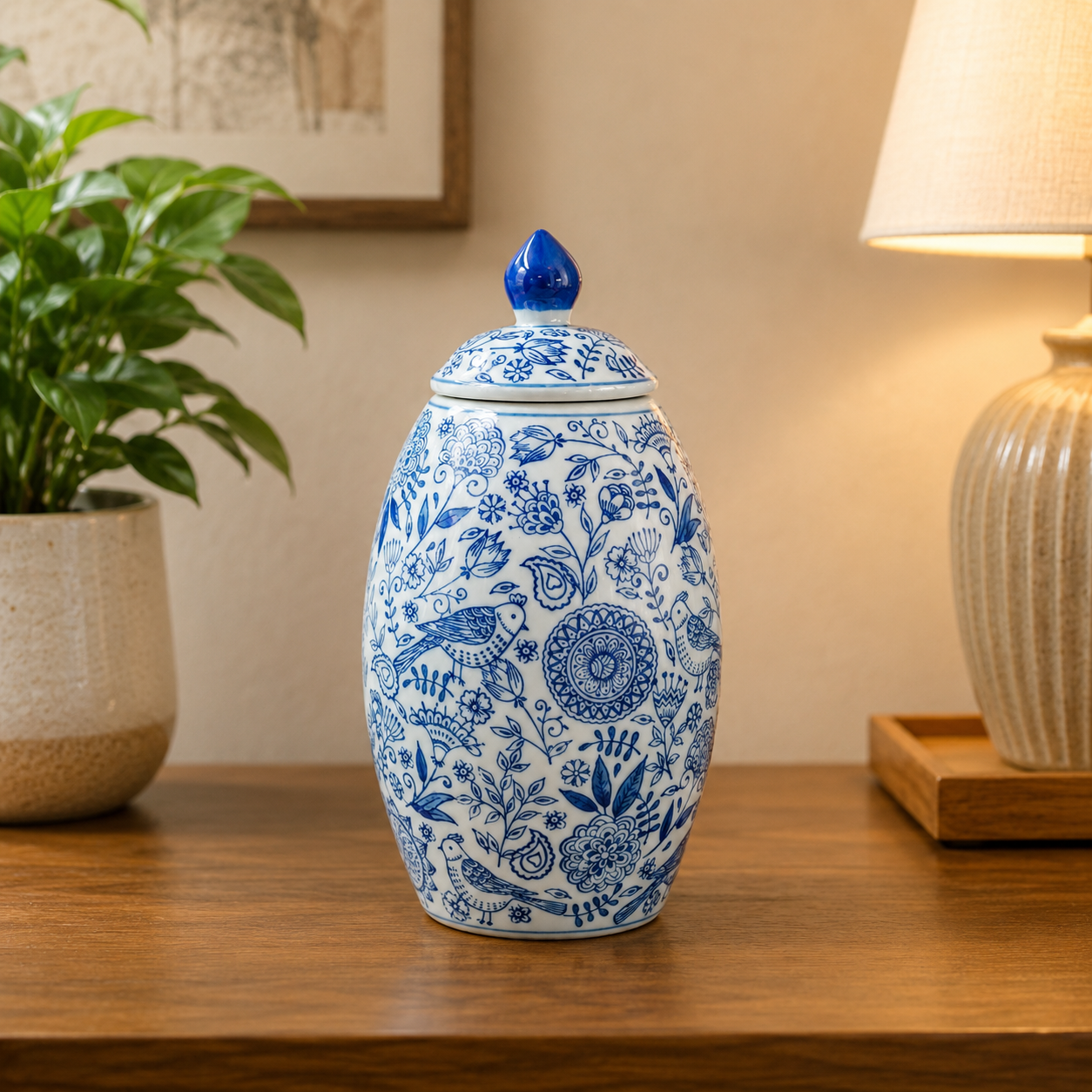 THD075 Ceramic Ginger Jar with Lid – Blue Floral Design
