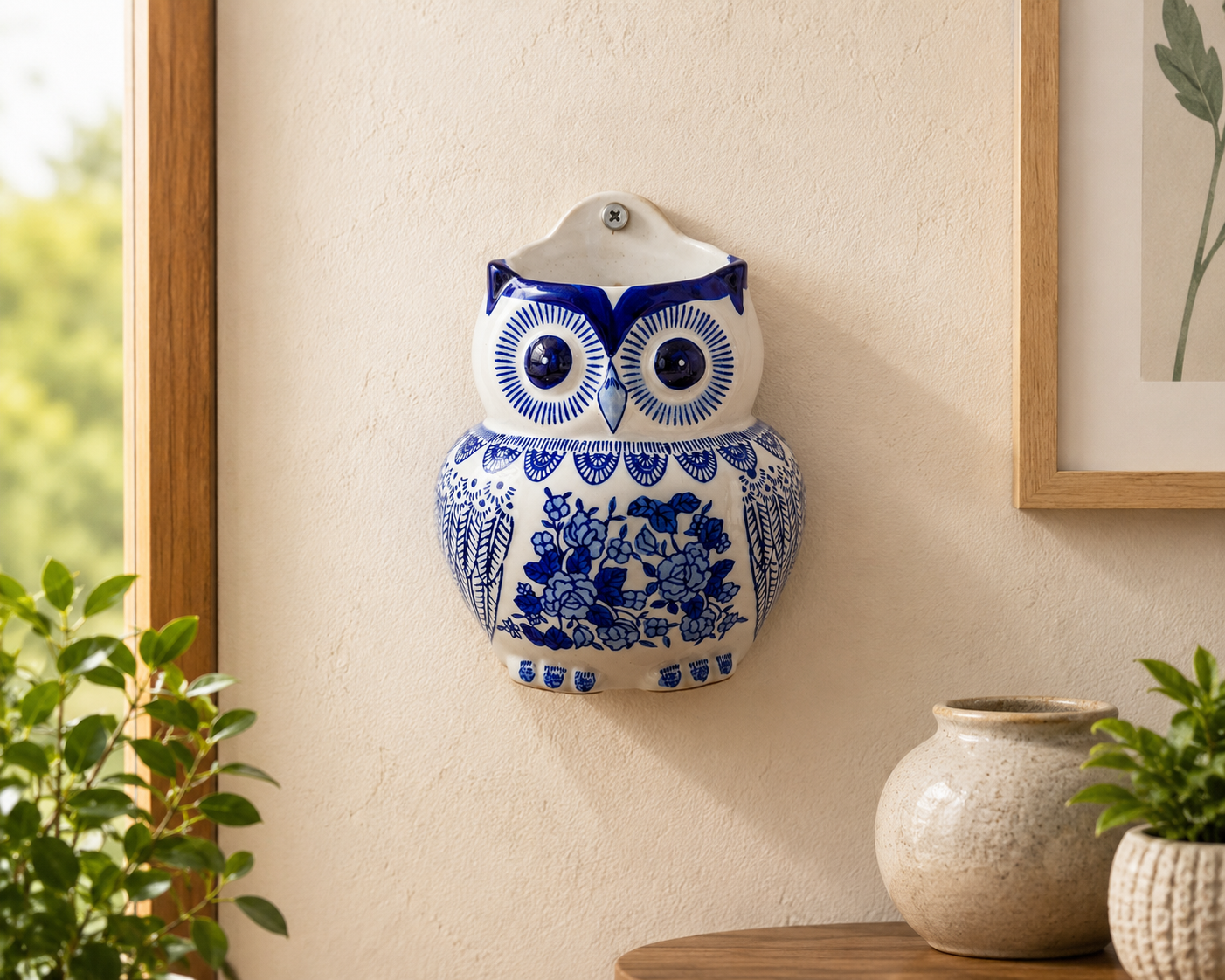 THD065 Blue & White Ceramic Owl Wall Hanging