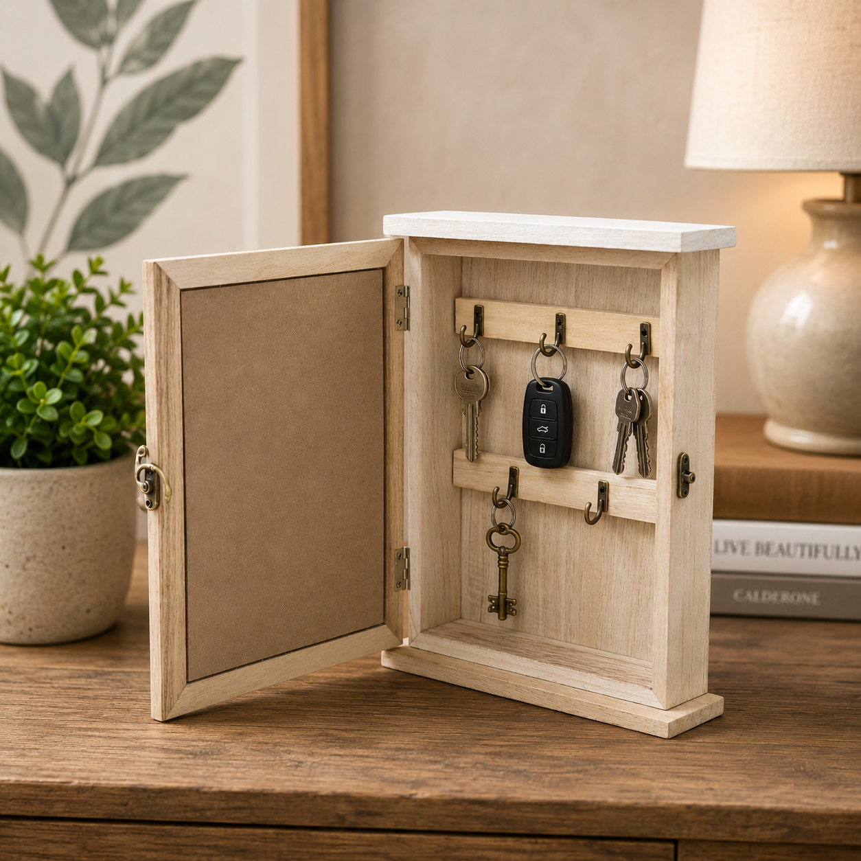 THD091 Wooden Key Holder Box with Door & Vase Décor – Tabletop (5 Hooks)