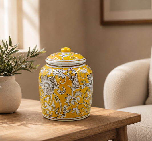 THD073 Ceramic Storage Jar with Lid – Yellow Floral Design