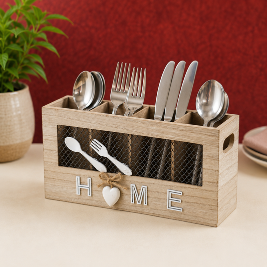 THD097 Wooden Cutlery Organizer Box – 4 Compartments (Home Design)