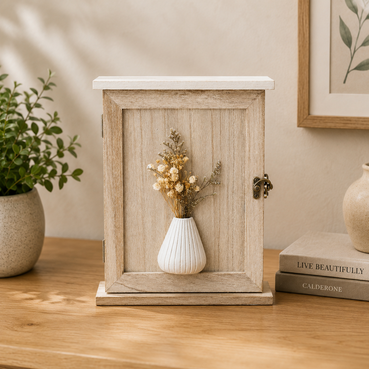 THD091 Wooden Key Holder Box with Door & Vase Décor – Tabletop (5 Hooks)