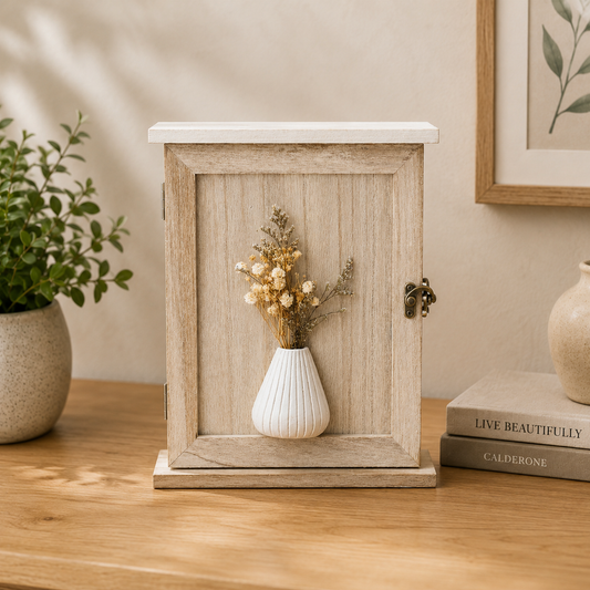 THD091 Wooden Key Holder Box with Door & Vase Décor – Tabletop (5 Hooks)