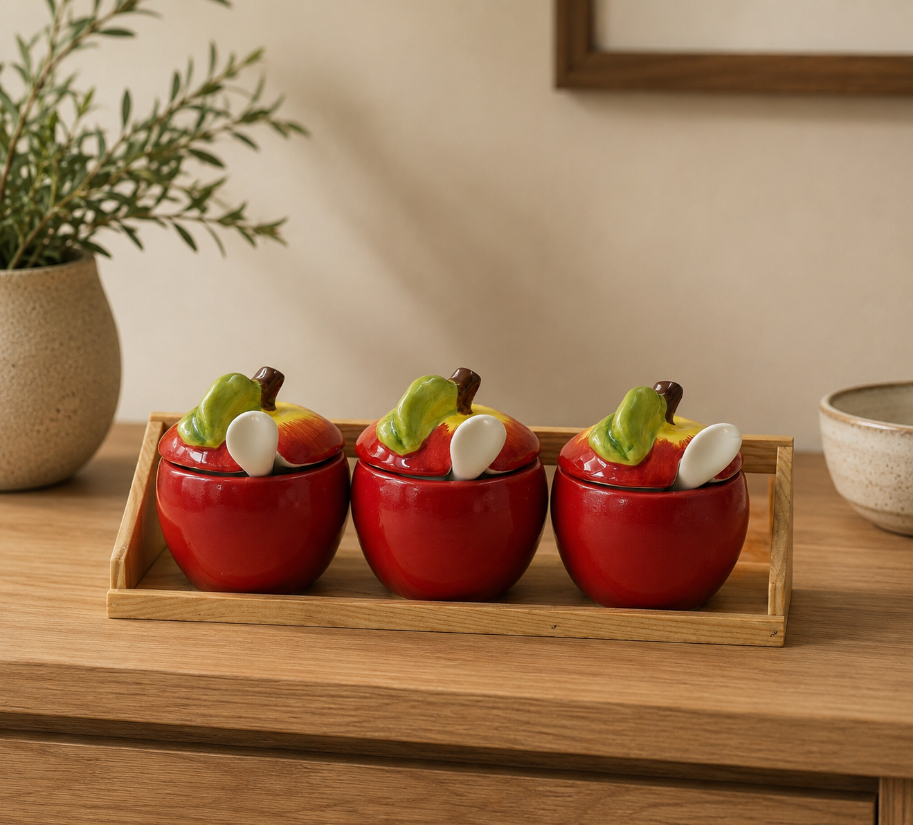 THD041 Apple-Shaped Ceramic Sauce & Pickle Jar Set with Tray (Set of 3)