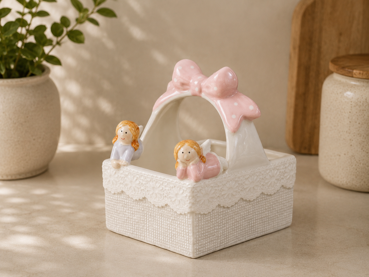 TT - 130 Cute Ceramic Storage Basket with Bow Handle