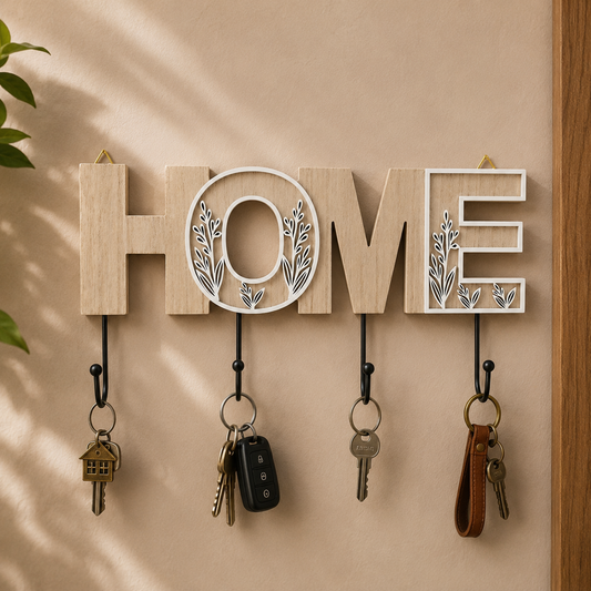 THD098 Wooden “HOME” Wall Hook Rack – Decorative Key & Utility Holder
