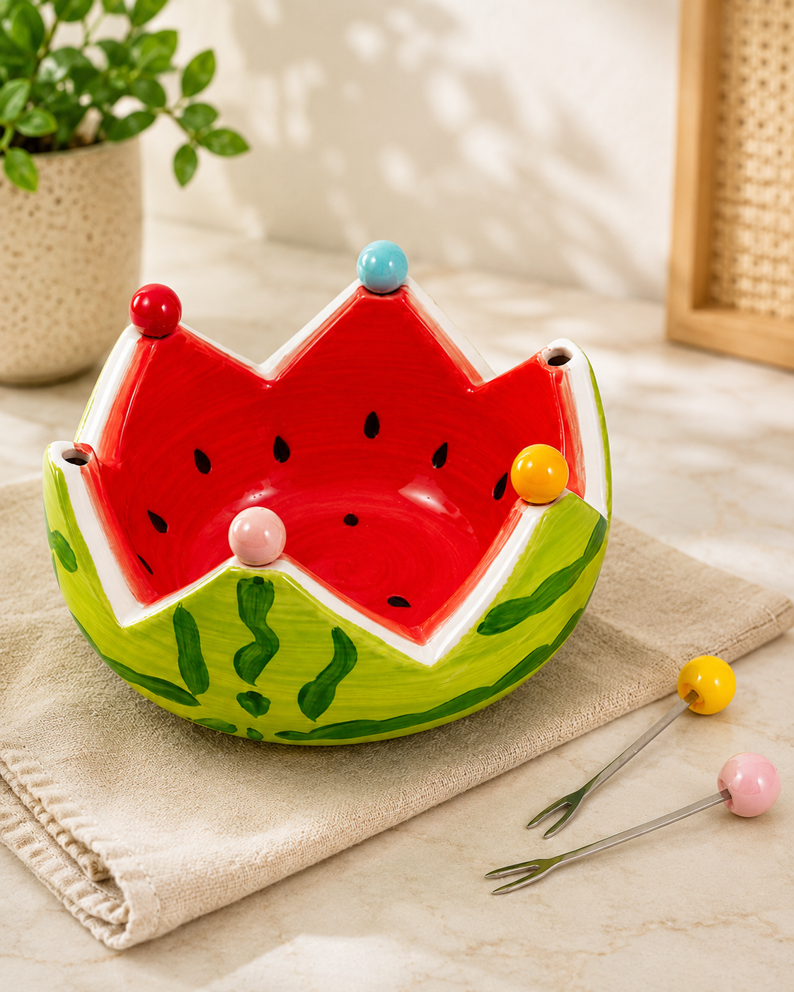 TT-227 Watermelon Ceramic Fruit Fork Bowl Set
