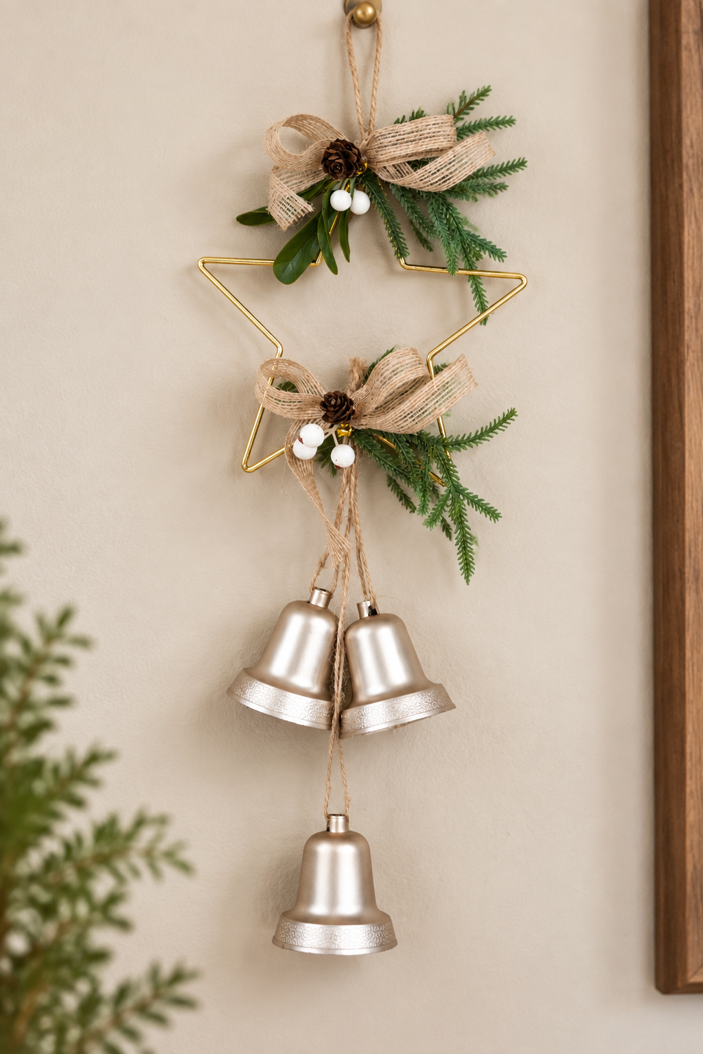 THD640 Decorative Christmas Star Hanging Bell Ornament with Greenery & Rustic Bow