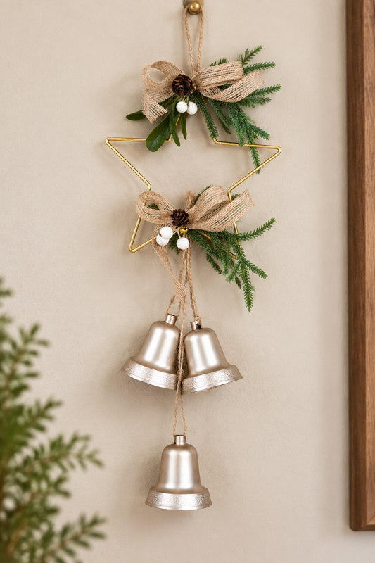 THD640 Decorative Christmas Star Hanging Bell Ornament with Greenery & Rustic Bow