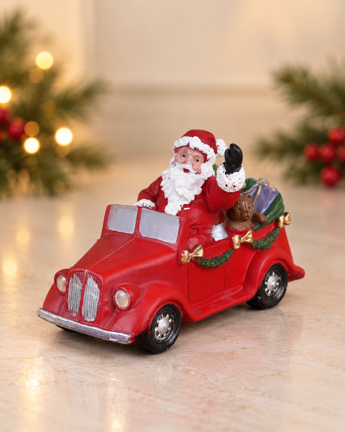 THD959  Premium Resin Santa Claus in Red Car Christmas Light-Up Decoration