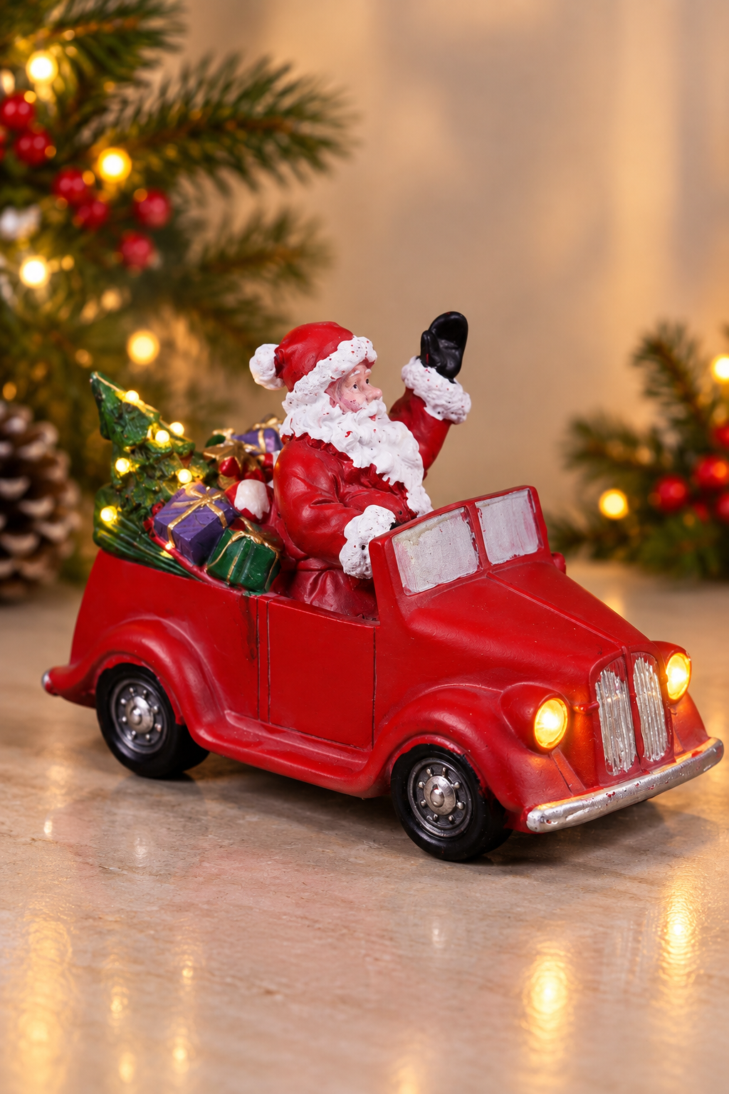 THD959  Premium Resin Santa Claus in Red Car Christmas Light-Up Decoration