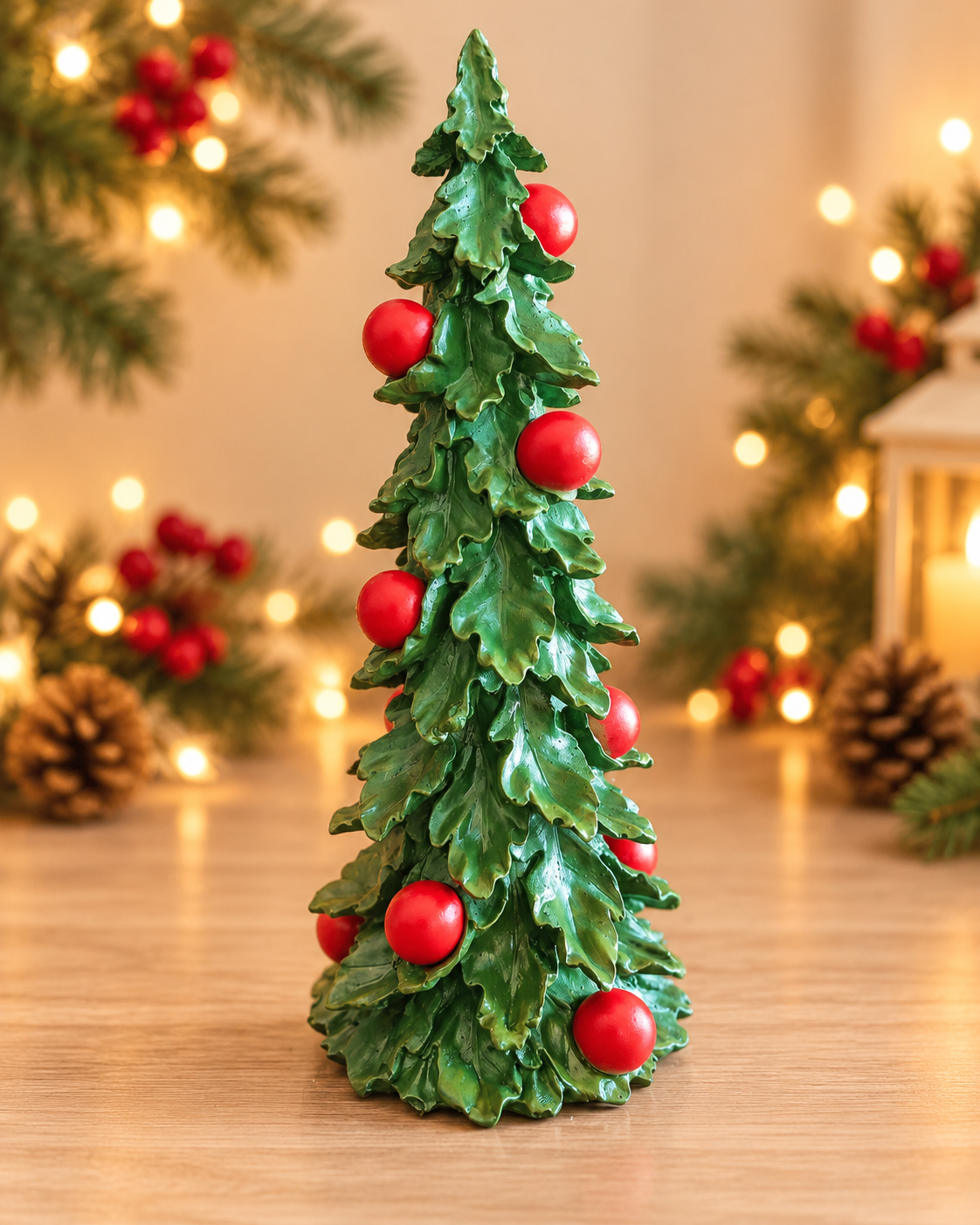 THD697 Resin Christmas Tree Figurine with Red Berry Accents
