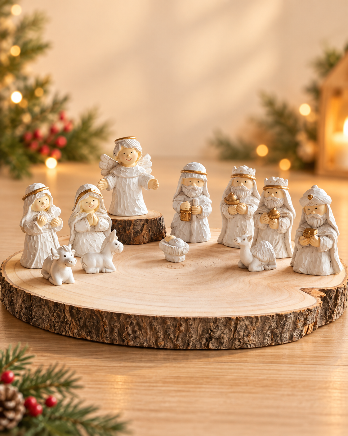 THD854 Ceramic Nativity Set with Wooden Log Display – 11 Pieces