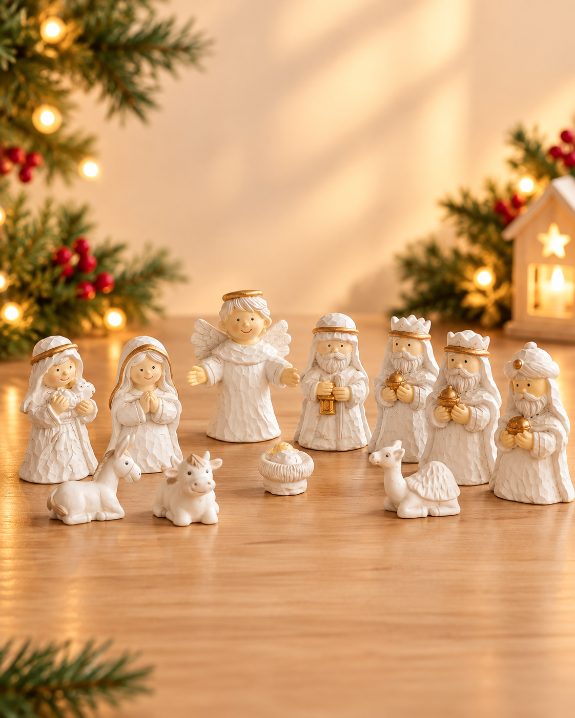 THD854 Ceramic Nativity Set with Wooden Log Display – 11 Pieces