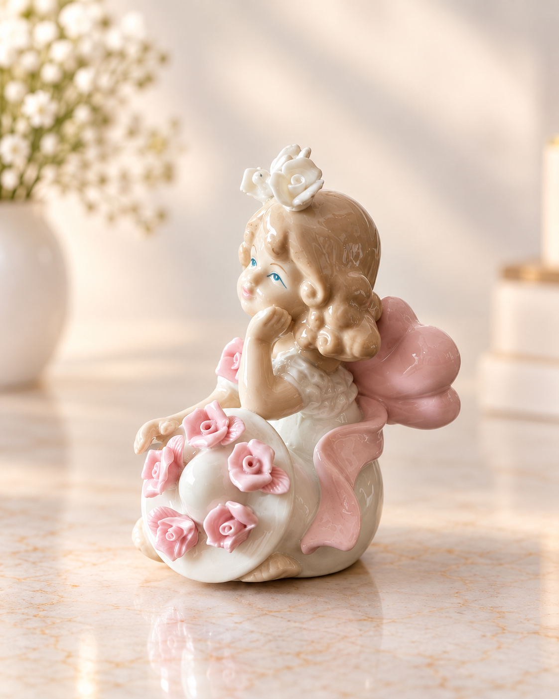 THD100 Angel Girl Figurine with Pink Roses