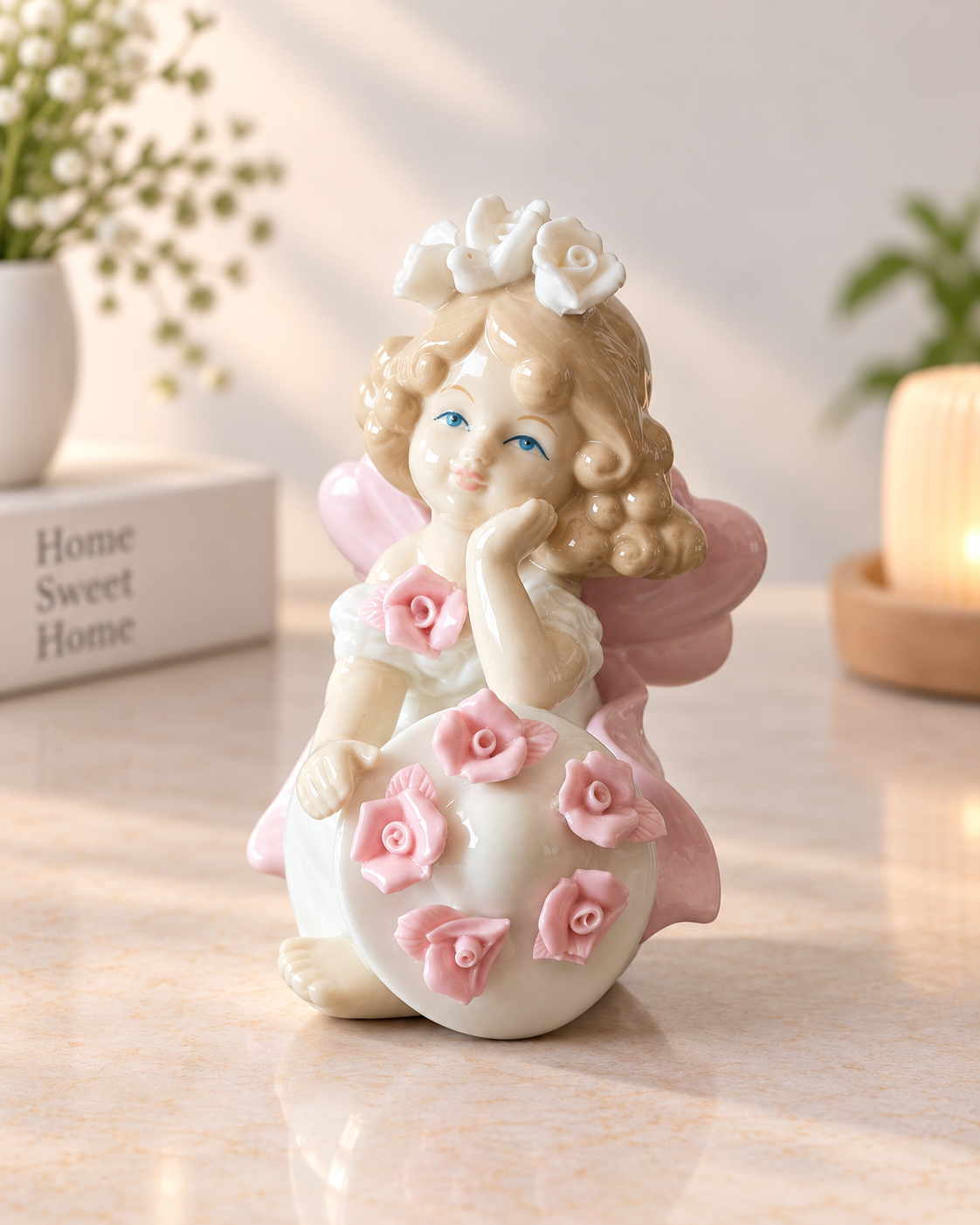 THD100 Angel Girl Figurine with Pink Roses