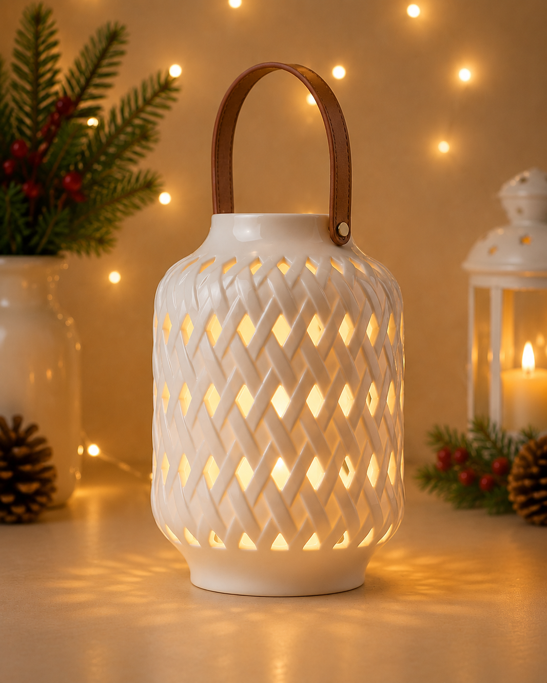 THD451 Decorative Ceramic Lantern with Leather Handle