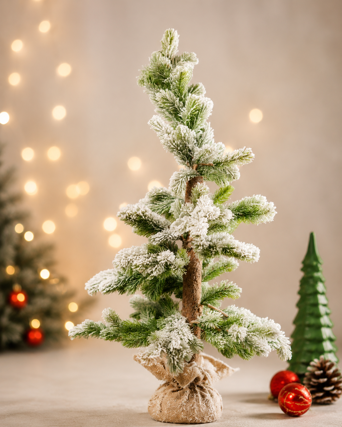 THD372 Snow Flocked Christmas Tree with Natural Pine Finish