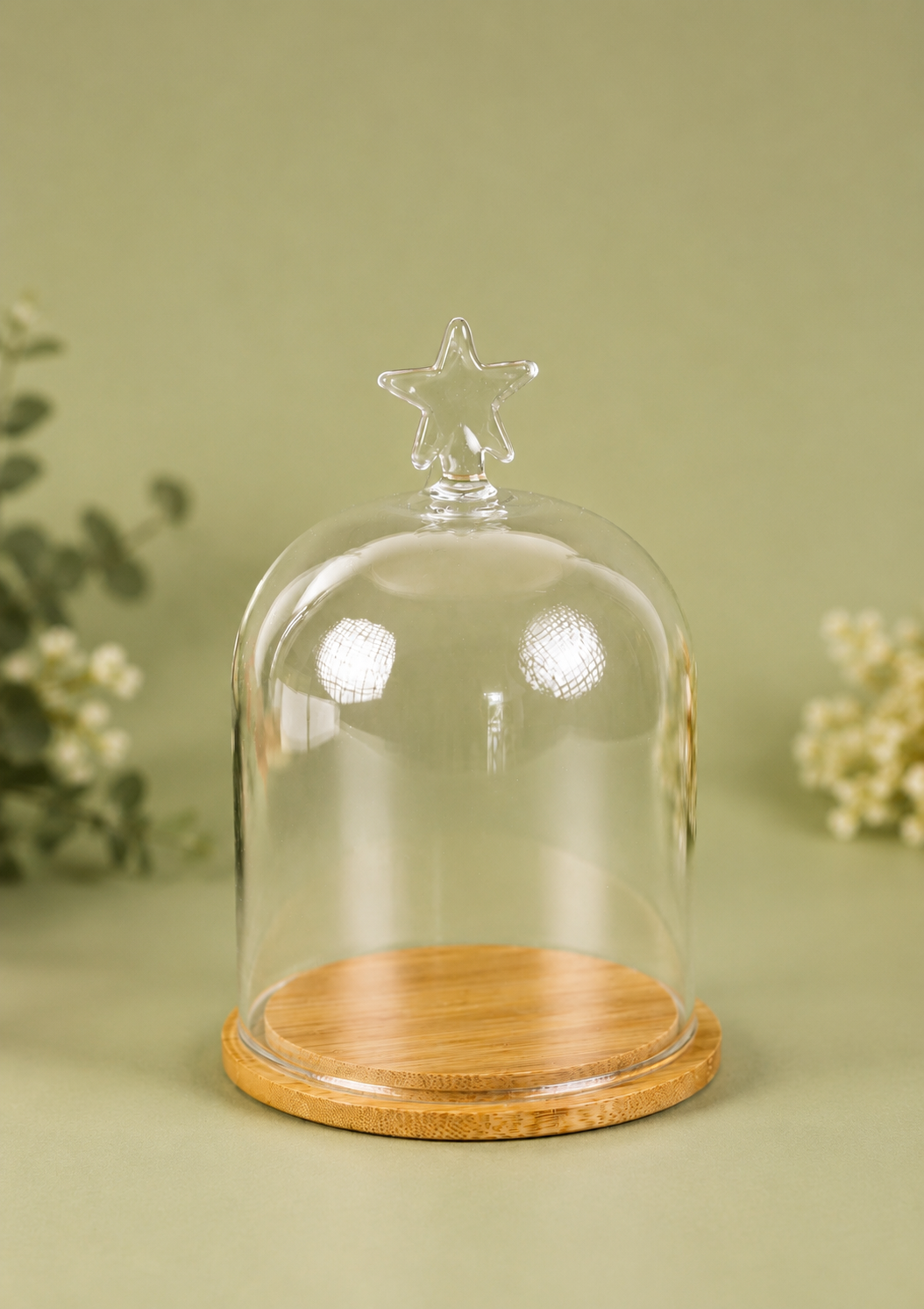 THD1001 Star Top Glass Cloche with Wooden Base – 6"