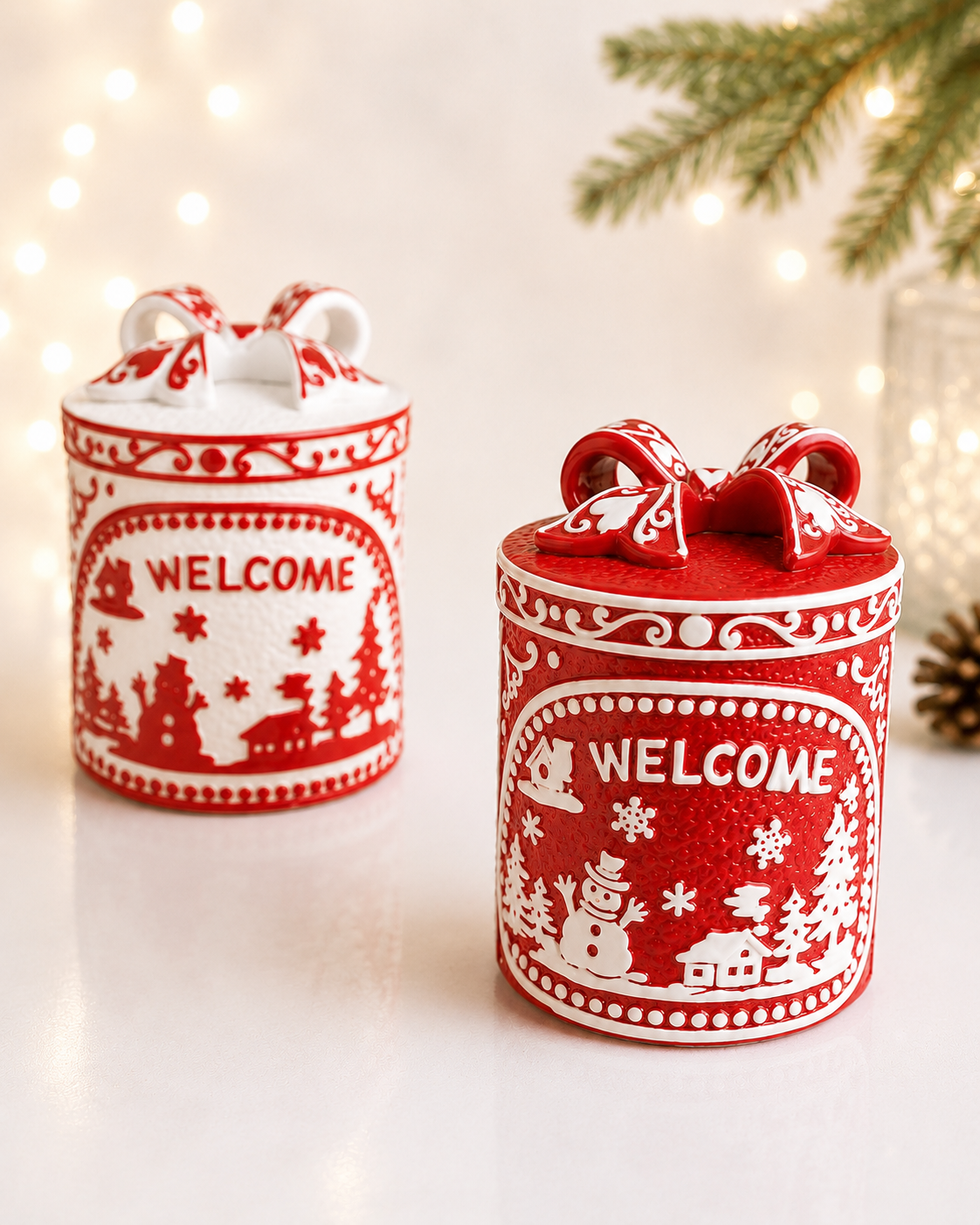 THD884 Christmas Welcome Canister with Bow Lid
