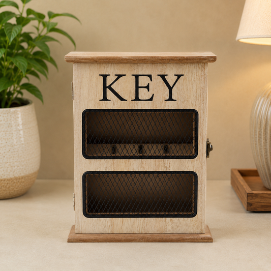 THD089 Wooden Key Holder Box with Door – Tabletop Organizer (5 Hooks)