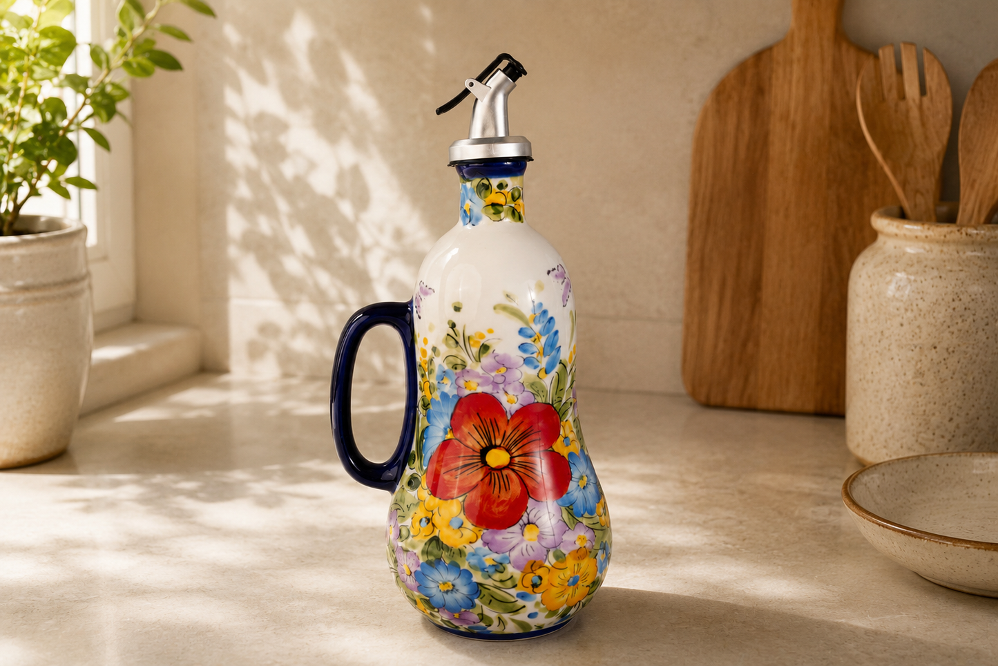 TT-224 Hand-Painted Ceramic Oil Dispenser Bottle with Handle