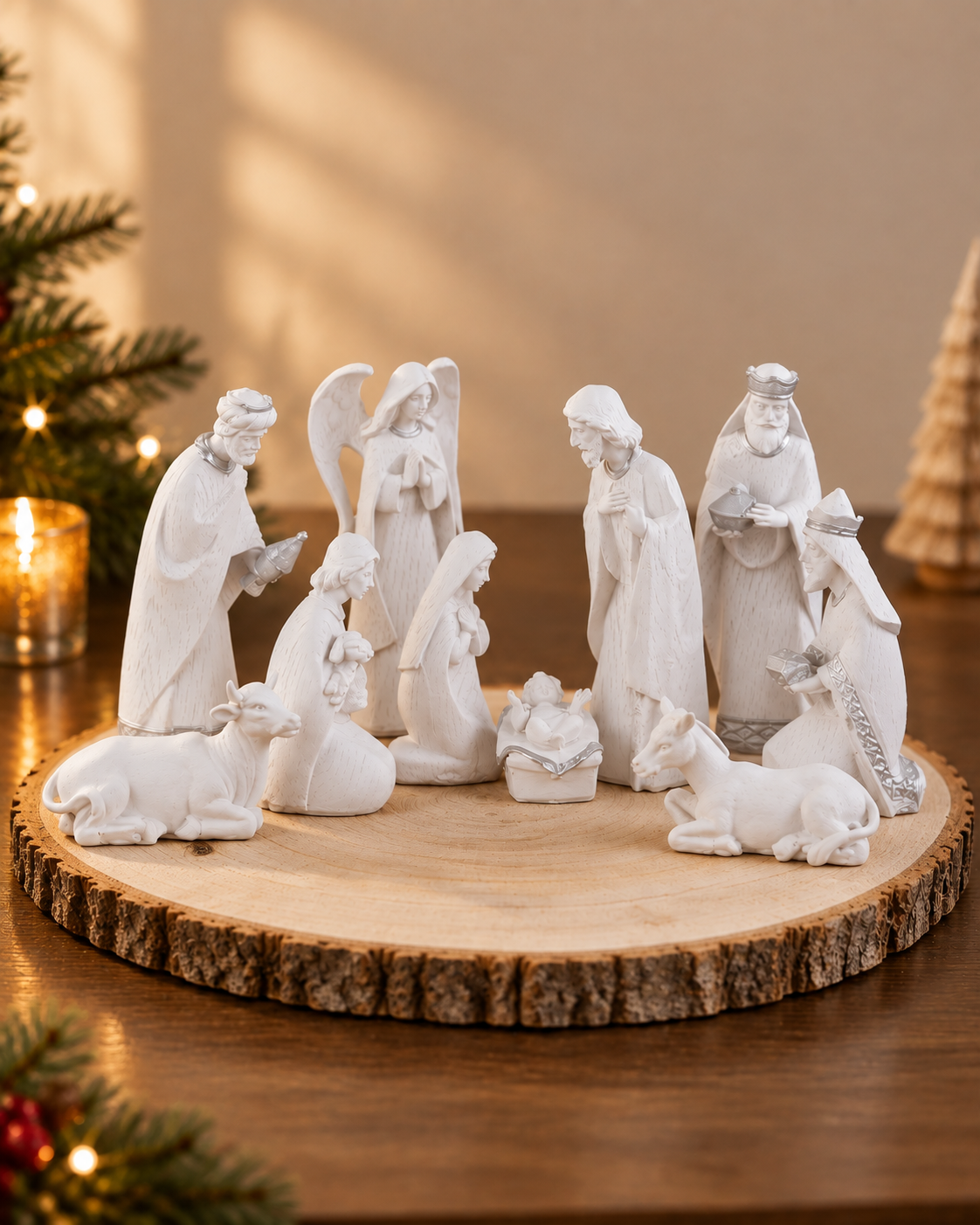 THD723 White & Silver Nativity Crib Set with Natural Wooden Log Base – 10 Pieces