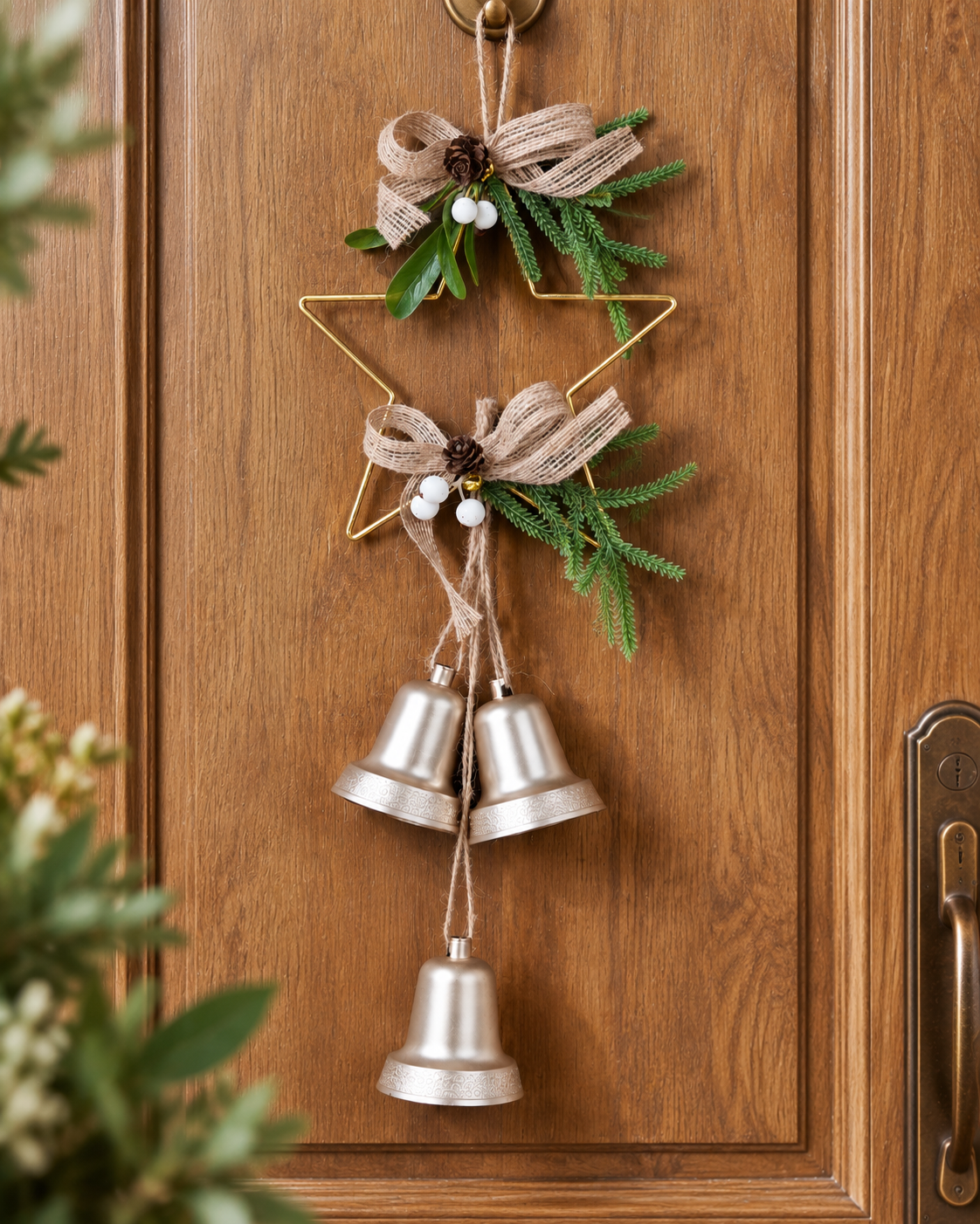 THD640 Decorative Christmas Star Hanging Bell Ornament with Greenery & Rustic Bow