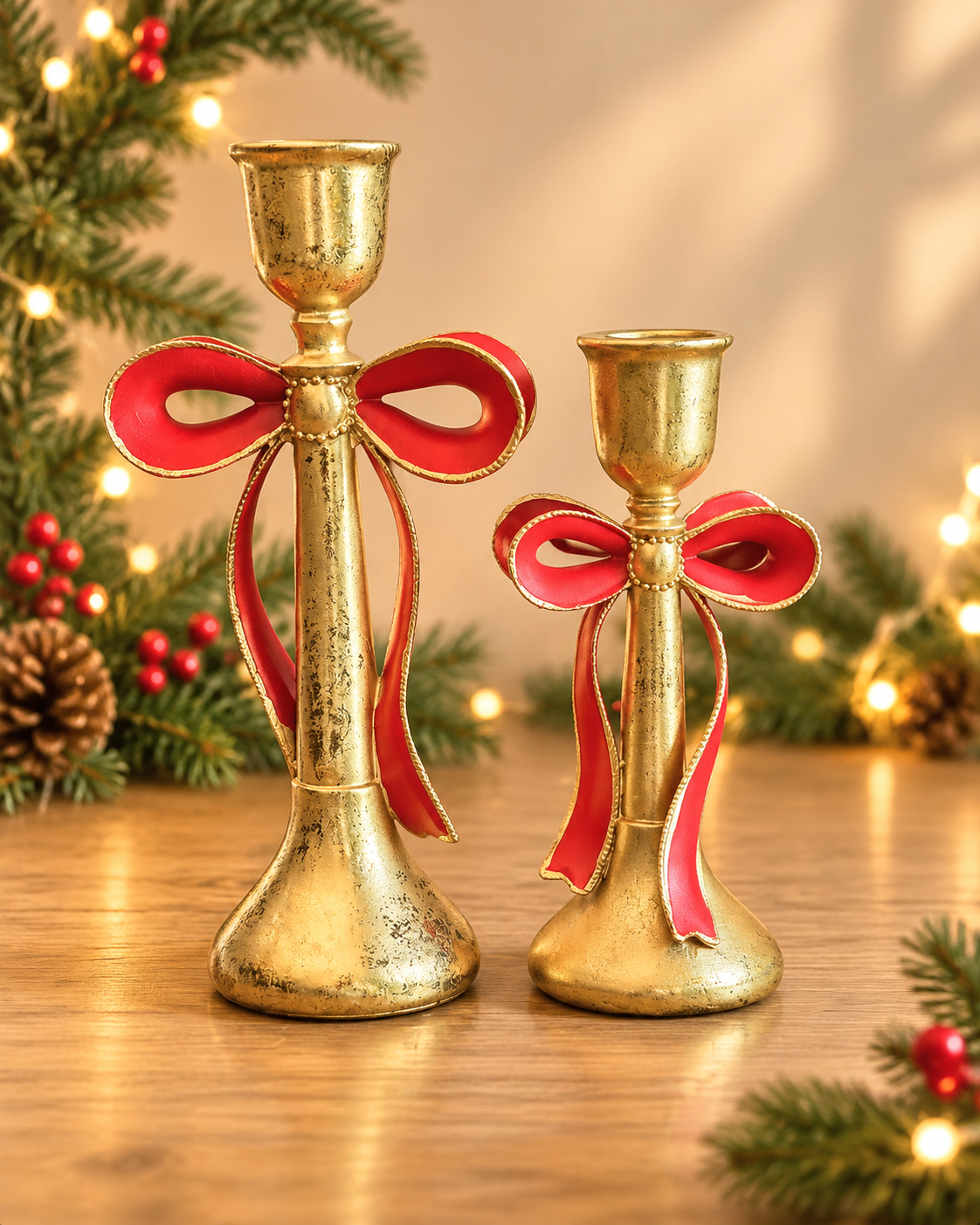 THD829 Gold & Red Bow Resin Candle Stand