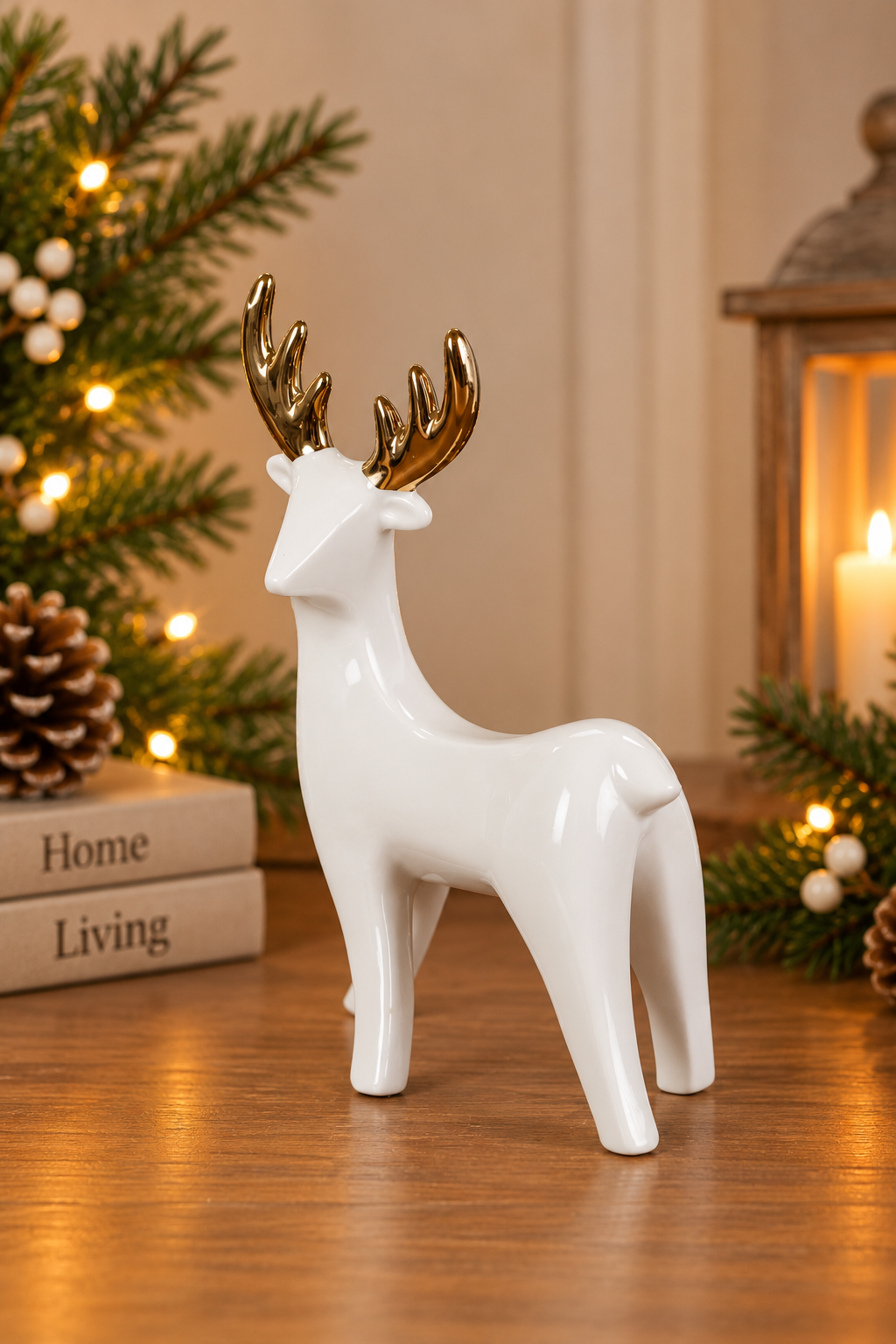 THD538 Glossy White Reindeer Figurine with Golden Antlers