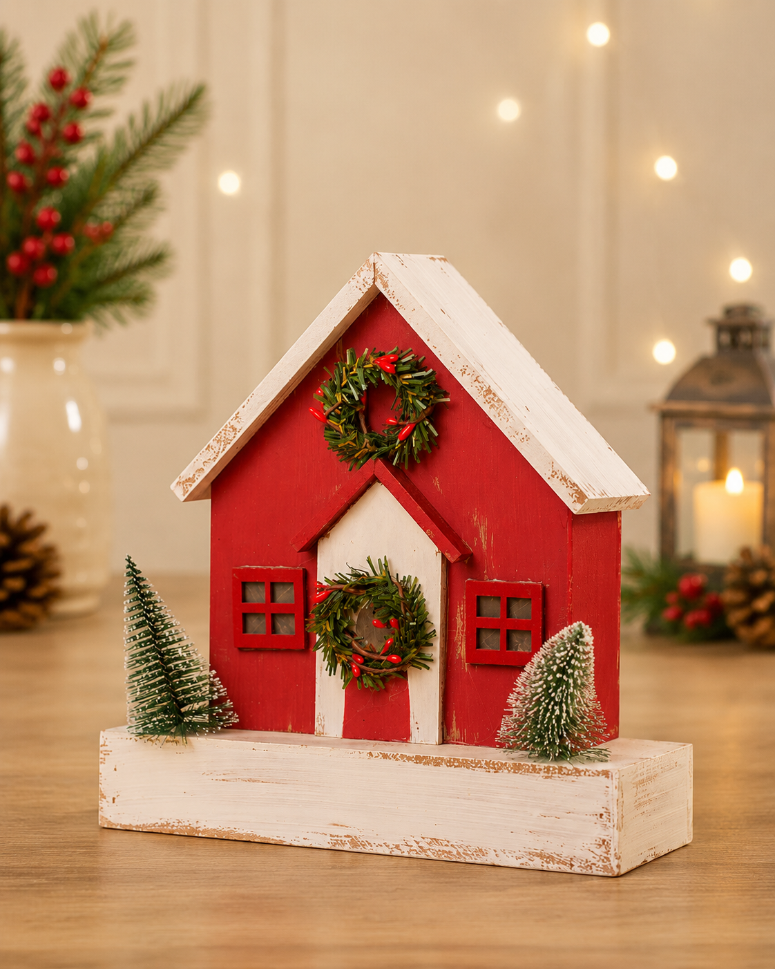 THD347 Christmas House Tabletop Decoration with Wreath & Mini Trees