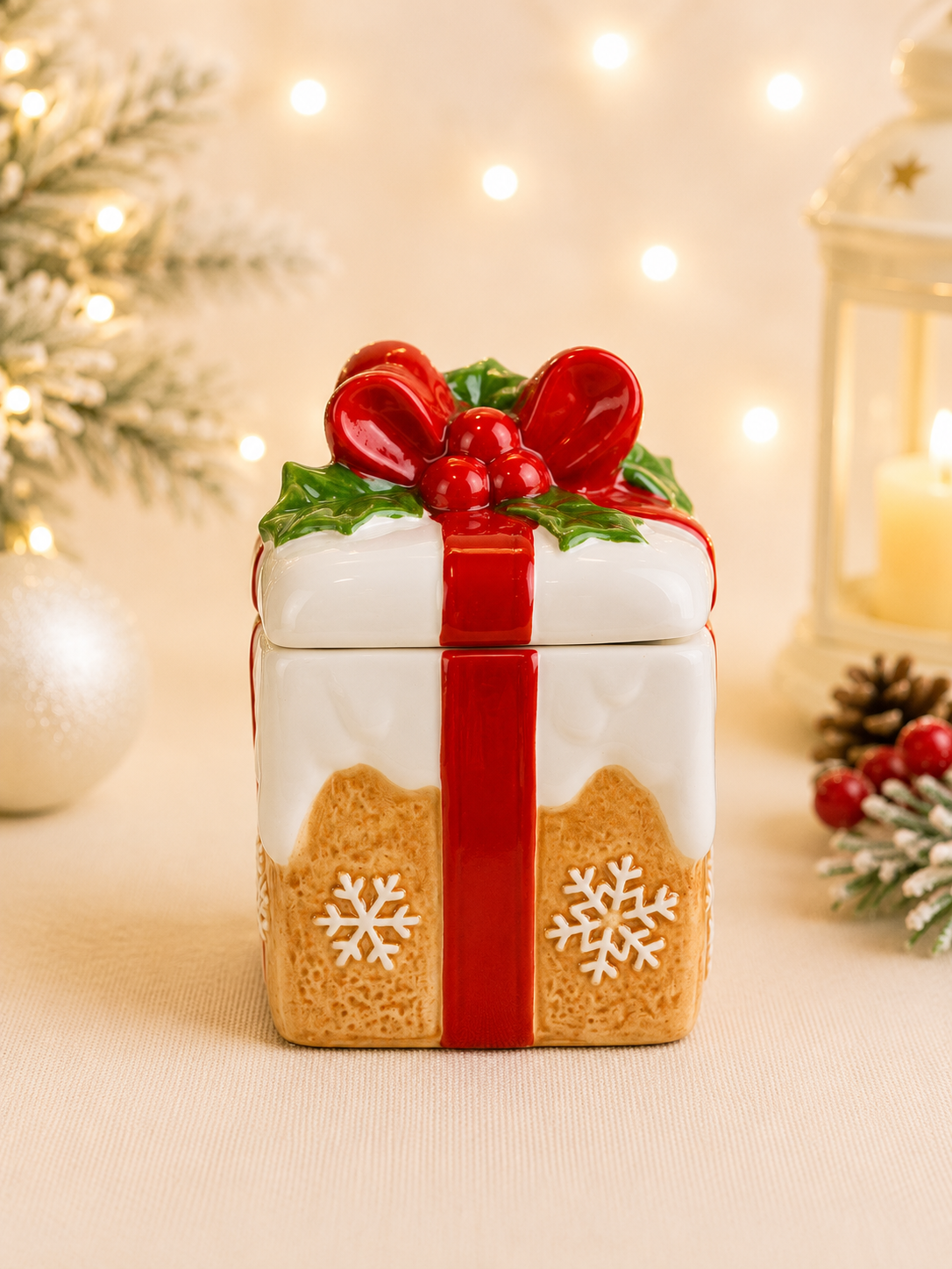 THD802 Christmas Gift Box Trinket Jar with Holly Bow Lid