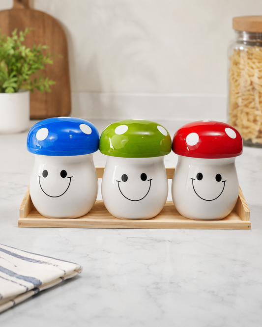 TT - 026 Cute Mushroom Ceramic Canister Set with Wooden Tray