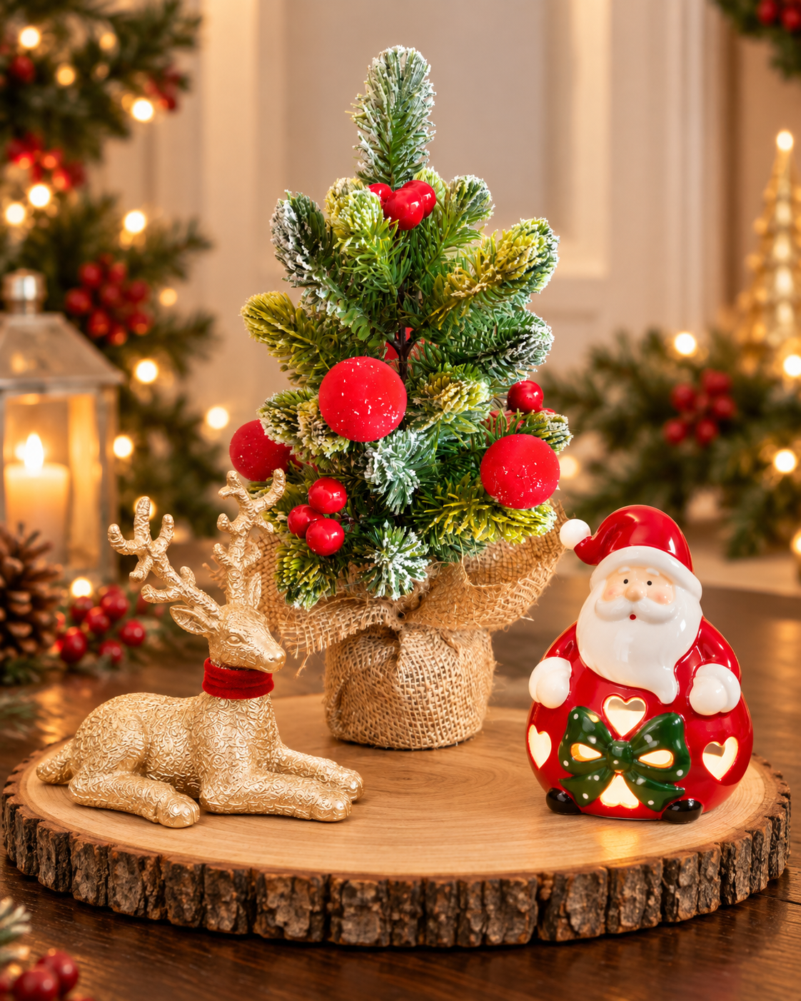Christmas Tabletop Décor Combo – Flocked Tree, Santa & Golden Reindeer