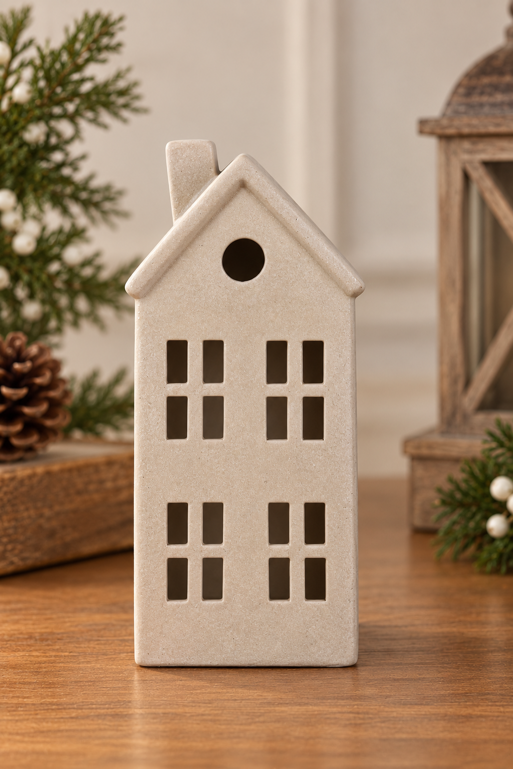 THD518 Cream Textured Ceramic Christmas House with Built-In Light