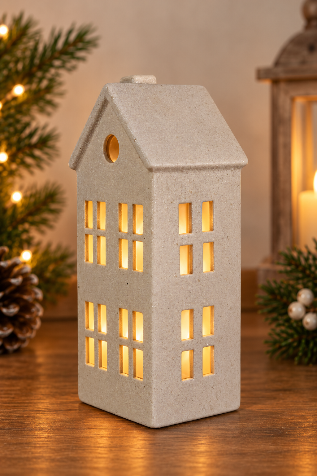 THD518 Cream Textured Ceramic Christmas House with Built-In Light