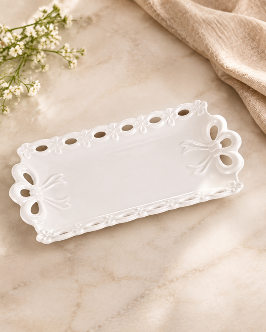 DD-183 Elegant White Bow Ceramic Serving Platter